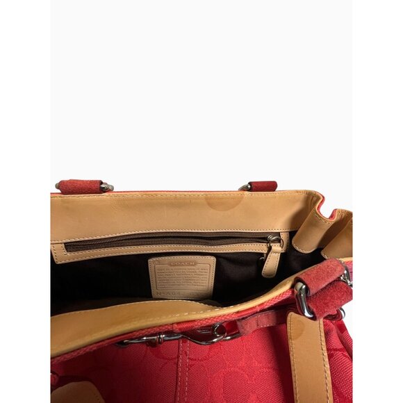 Coach LTD Signature C Belted Canvas Purse Satchel Carryall Tote Bag Red Tan - Picture 13 of 14